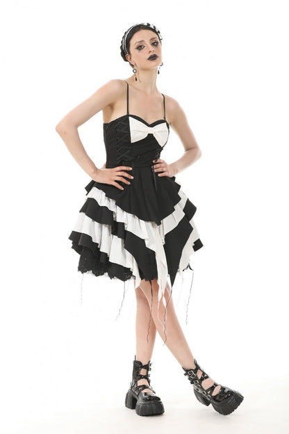 Monochrome Sleeveless Multi-Layered Ruffled Bow Slip Dress