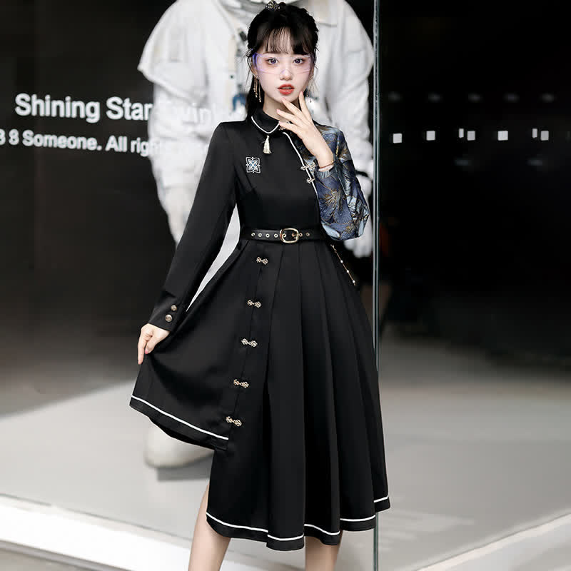 Black Lapel Floral Embroidery Button Splice Irregular Dress With Belt