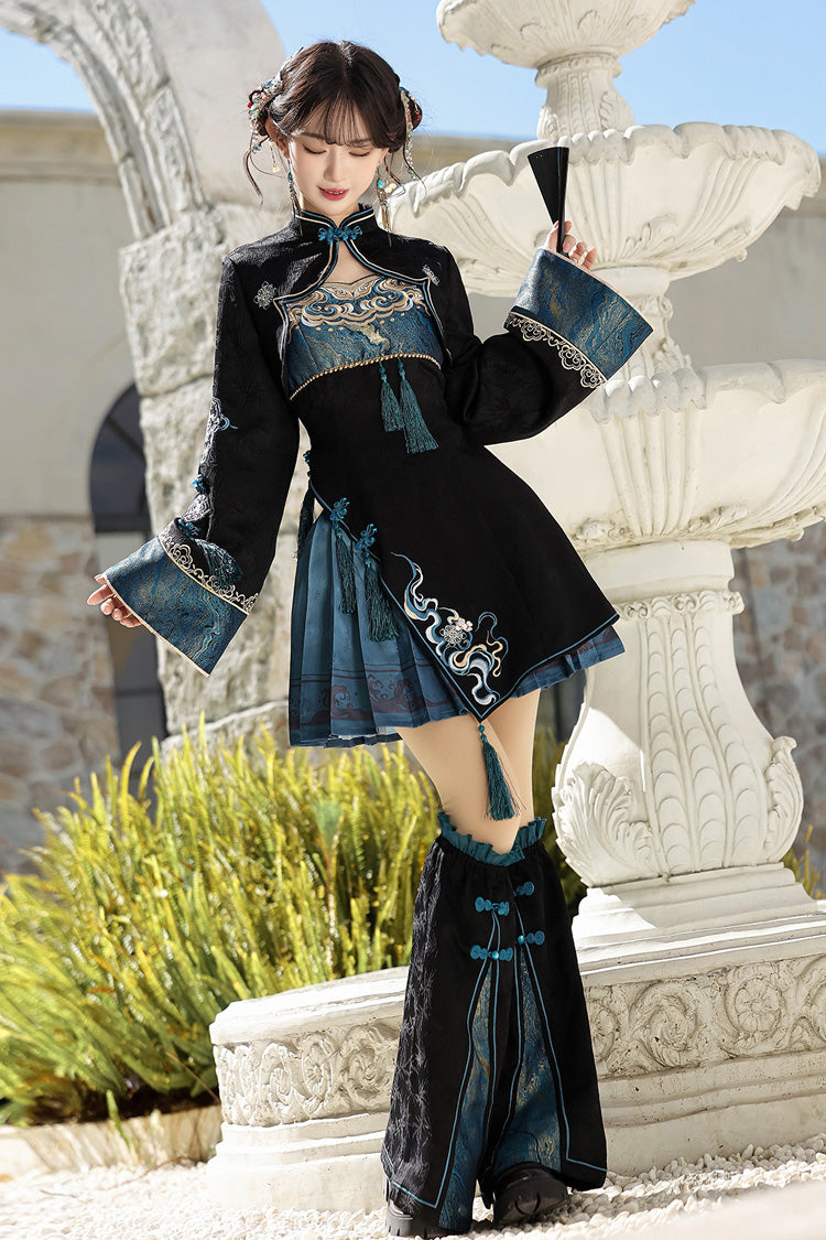 Cut-Out Embroidered Chinese Style Jumper Dress - Black/Blue Misty Teal