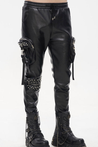 Rebel Rivet Zipper Pocket Faux Leather Cargo Trousers