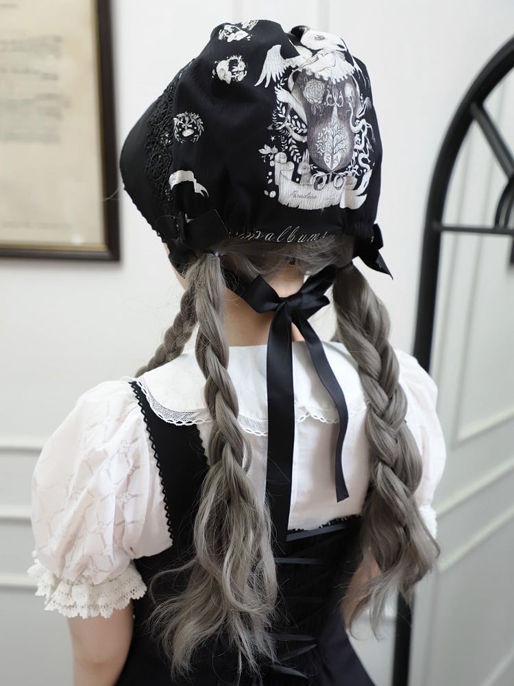 Bunny Print Black Dark Lolita Bonnet