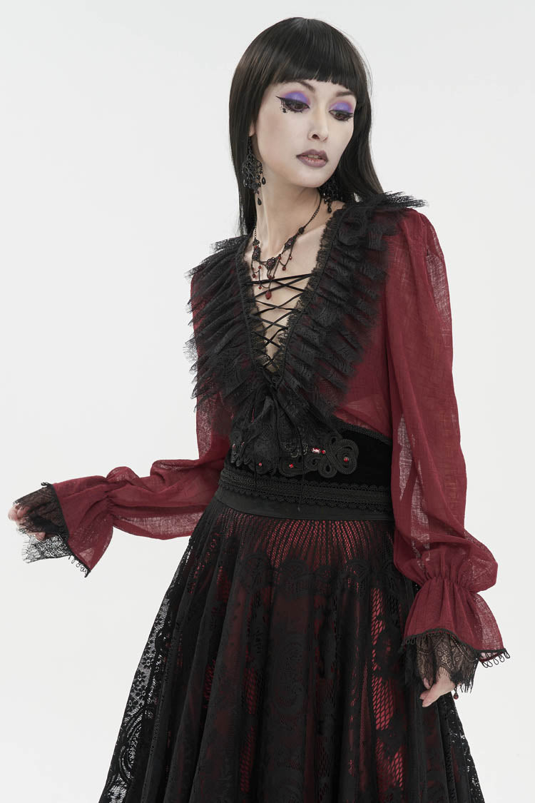 Crimson Slim Waist Tartan Stitched Layered Lace Long Sleeve Goth Shirt