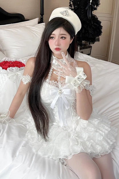 Ivory Ruffle Bow Lace Mini Lolita Skirt Dress