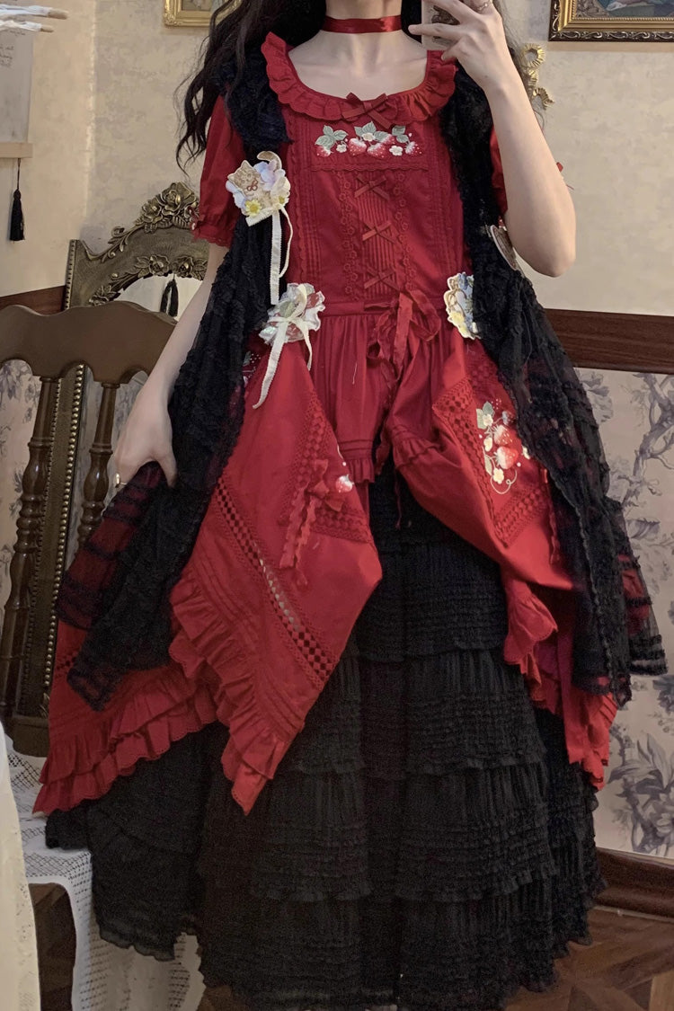 Rose-Embellished Layered Ruffled Lolita Skirt in Three Tones