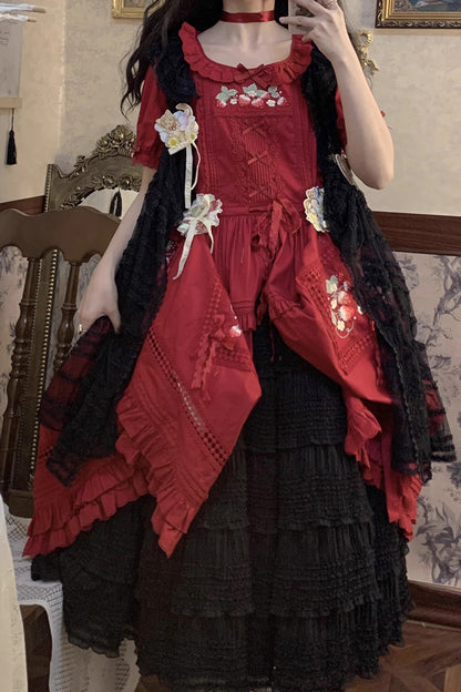 Rose-Embellished Layered Ruffled Lolita Skirt in Three Tones