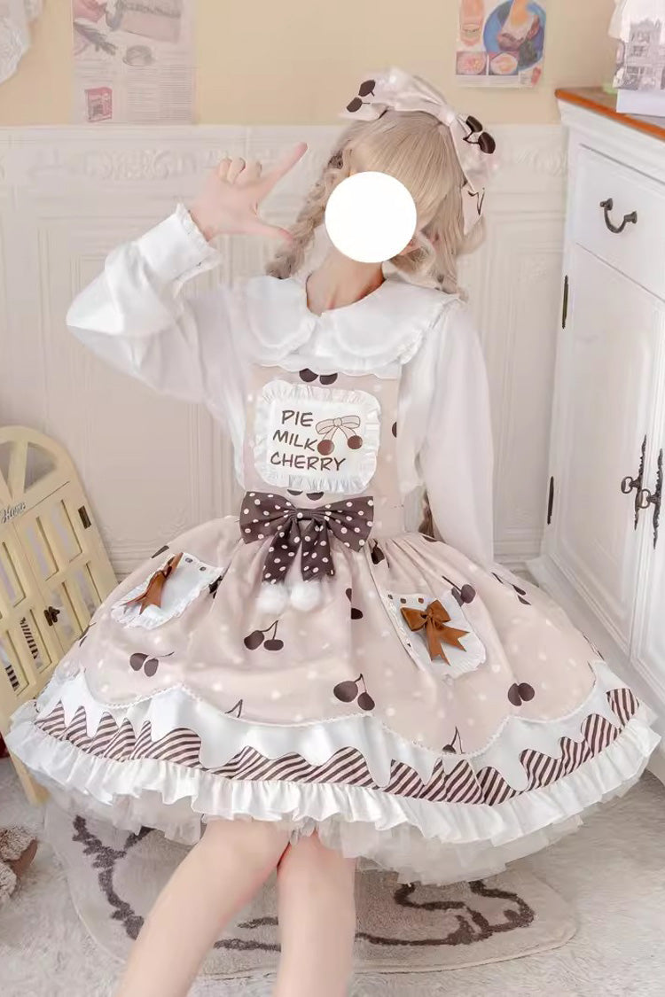 Cherry Milk Pie Print Ruffled Bow Stitched Jumper Dress