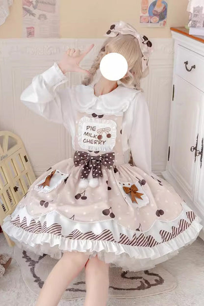 Cherry Milk Pie Print Ruffled Bow Stitched Jumper Dress
