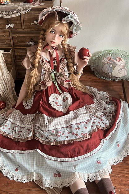 Cherry Pattern Short-Sleeved Ruffled Embroidered Layered Dress