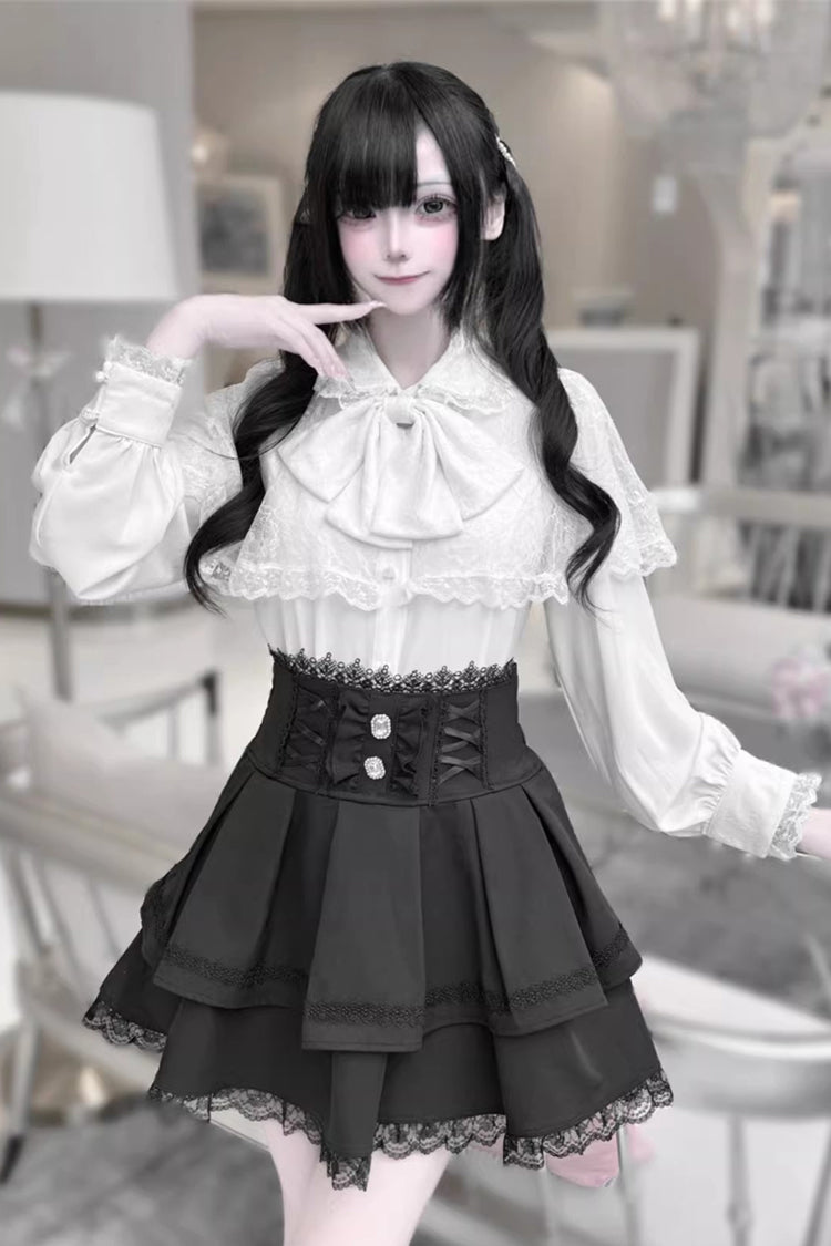 Long Sleeves Double-Layered Ruffled Embroidered Bow Lace-Up Gothic Jirai Kei Lolita Top Skirt Set