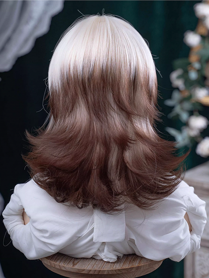 White And Brown Ombre Hair Color 43CM Length Ouji Short Wig With Air Bangs