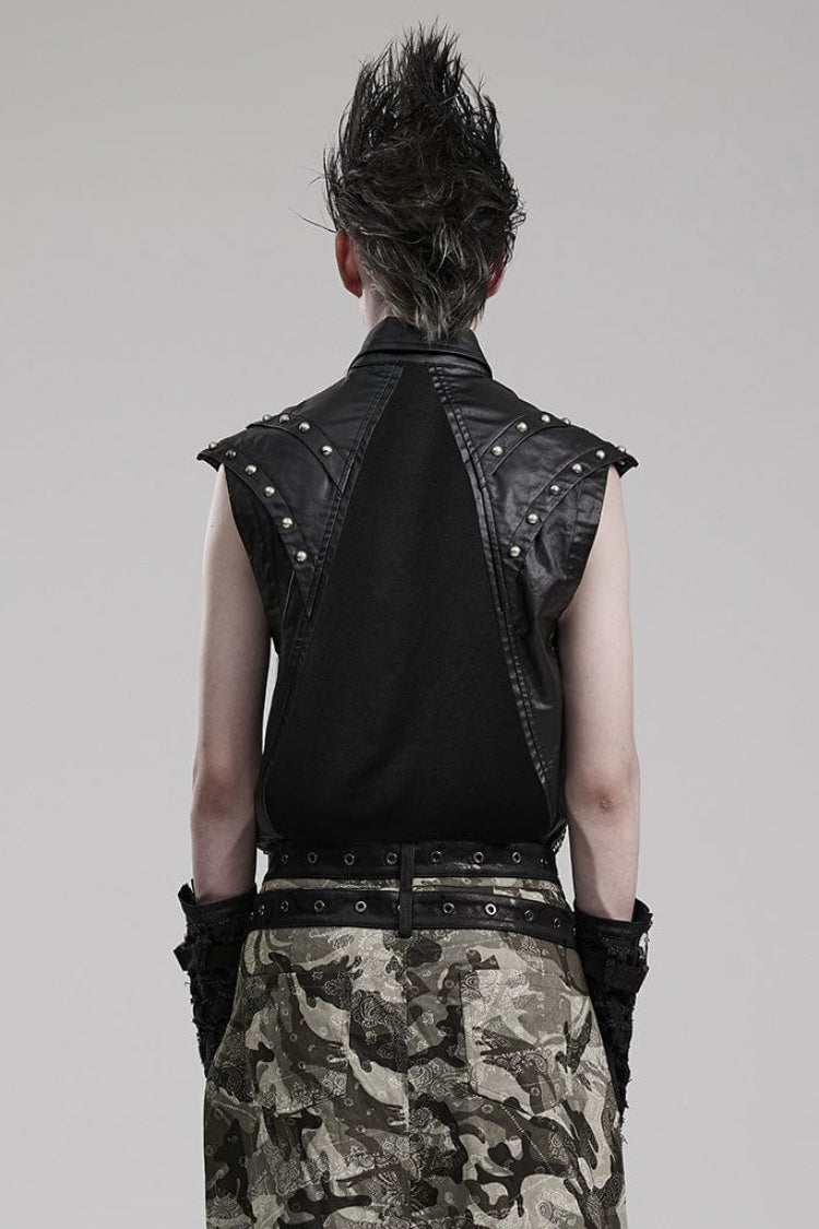 Steampunk Men's Vest with Faux Leather Stitching Mesh Sheer and Metal Rivets