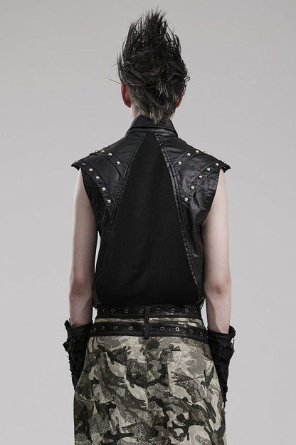 Steampunk Men's Vest with Faux Leather Stitching Mesh Sheer and Metal Rivets