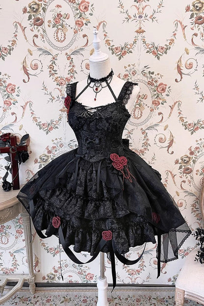 Weeping Rose Double-Layer Ruffle Embroidered Bow Lace Gothic Ballet Set