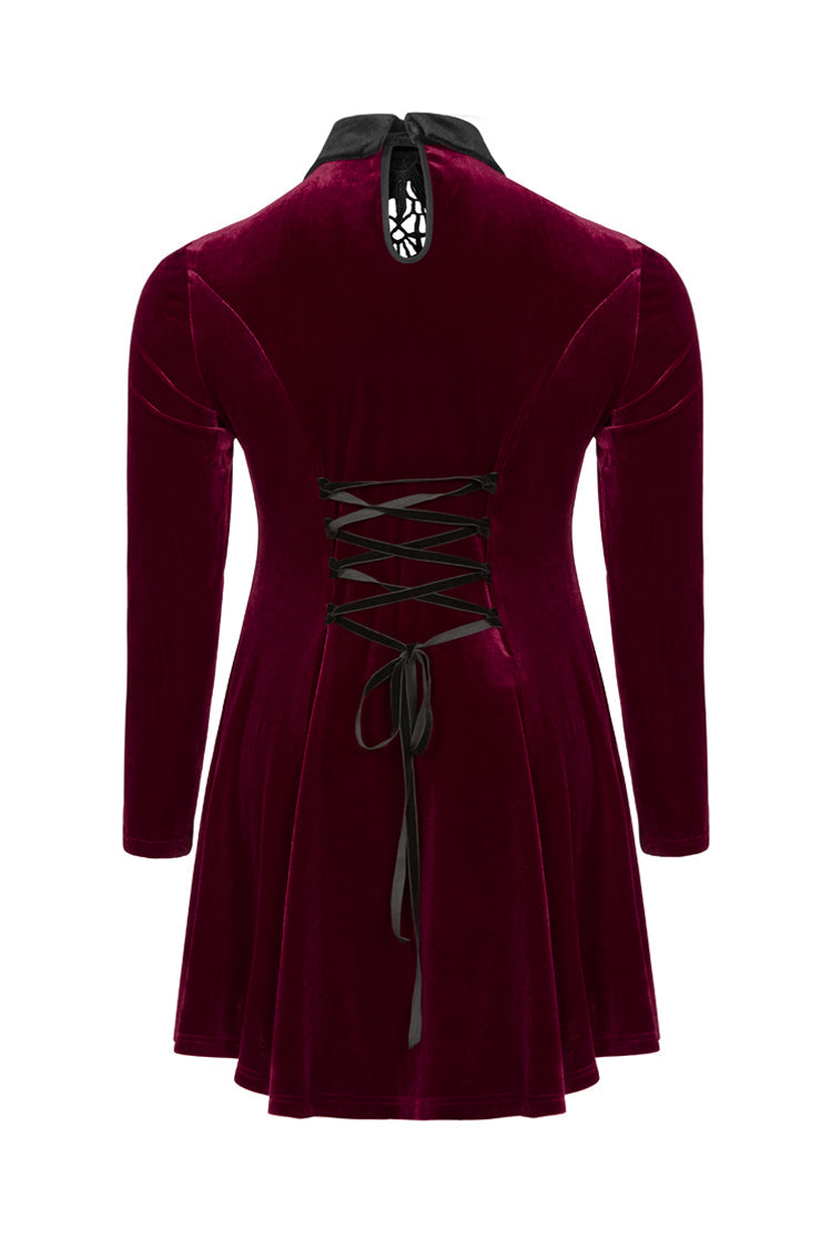 Crimson Velvet Chest Cutout Back Lace-Up Long Sleeve Plus-Size Goth Gown