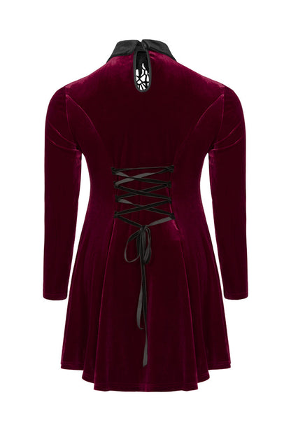 Crimson Velvet Chest Cutout Back Lace-Up Long Sleeve Plus-Size Goth Gown