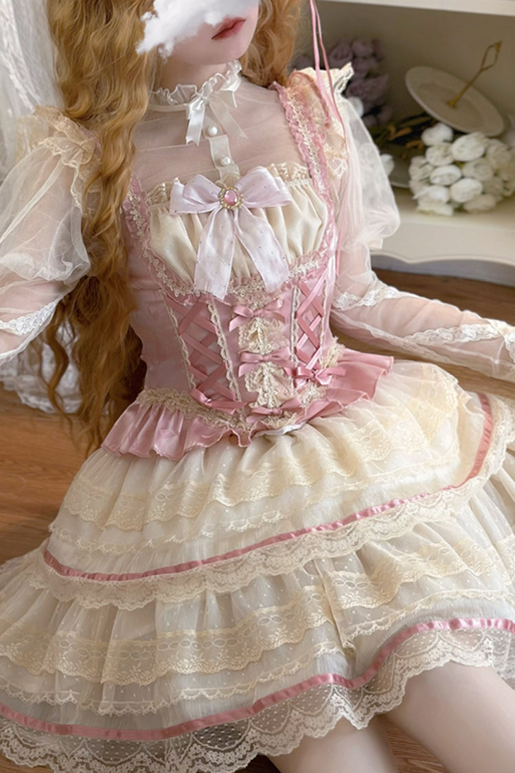 Pink Girl Love Double-Layer Bow Lace Sweet Ballet Lolita Skirt Set