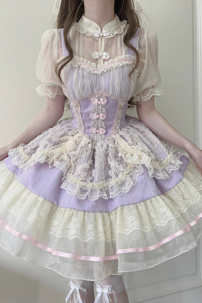 Flower Bud Halterneck Print Ruffle Lace Jsk - Chinese Ballet Lolita