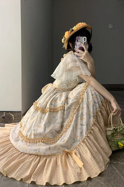 Summer Print Embellished Ruffle Lolita Jumper Dress