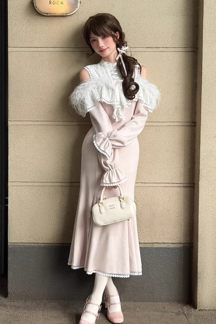 Rose Stand Collar Off-Shoulder Long Sleeve Lace Sweet Japanese Elegant Lolita Mermaid Gown - Little Love Song