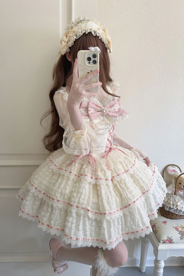 Apricot Floral Letters Song Sleeveless Triple-Layered Bow Lace-Up Sweet Lolita Jsk Dress