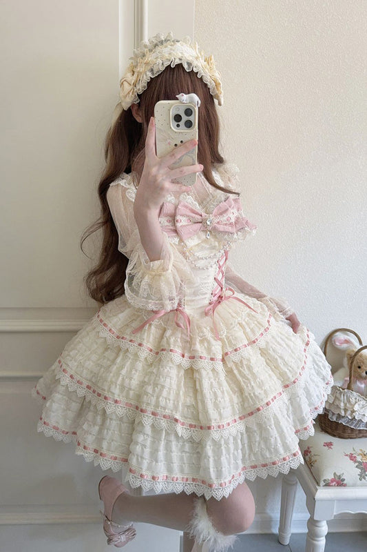 Apricot Floral Letters Song Sleeveless Triple-Layered Bow Lace-Up Sweet Lolita Jsk Dress