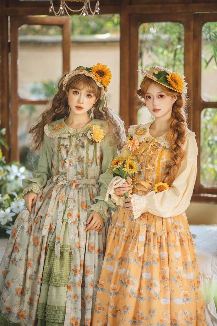 Golden Sleeveless Ruffled Bow Sunflower JSK Elegant Dress