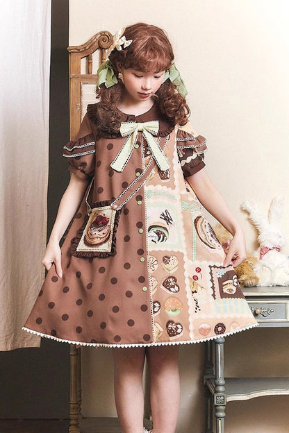 Chocolate Dessert Print Short-Sleeve Ruffled Bowknot Sweet Lolita Dress in Two Tones