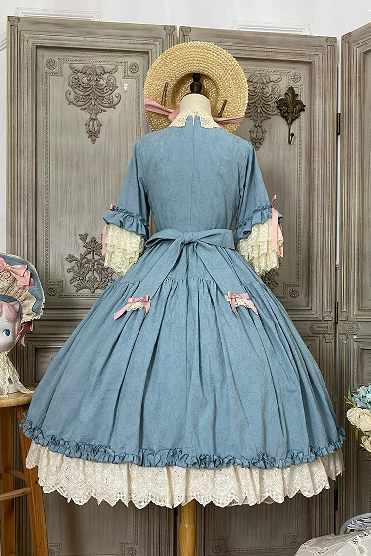Lapel Short Trumpet Sleeve Ruffled Open Bow Lace Elegant Luxurious Lolita Dress