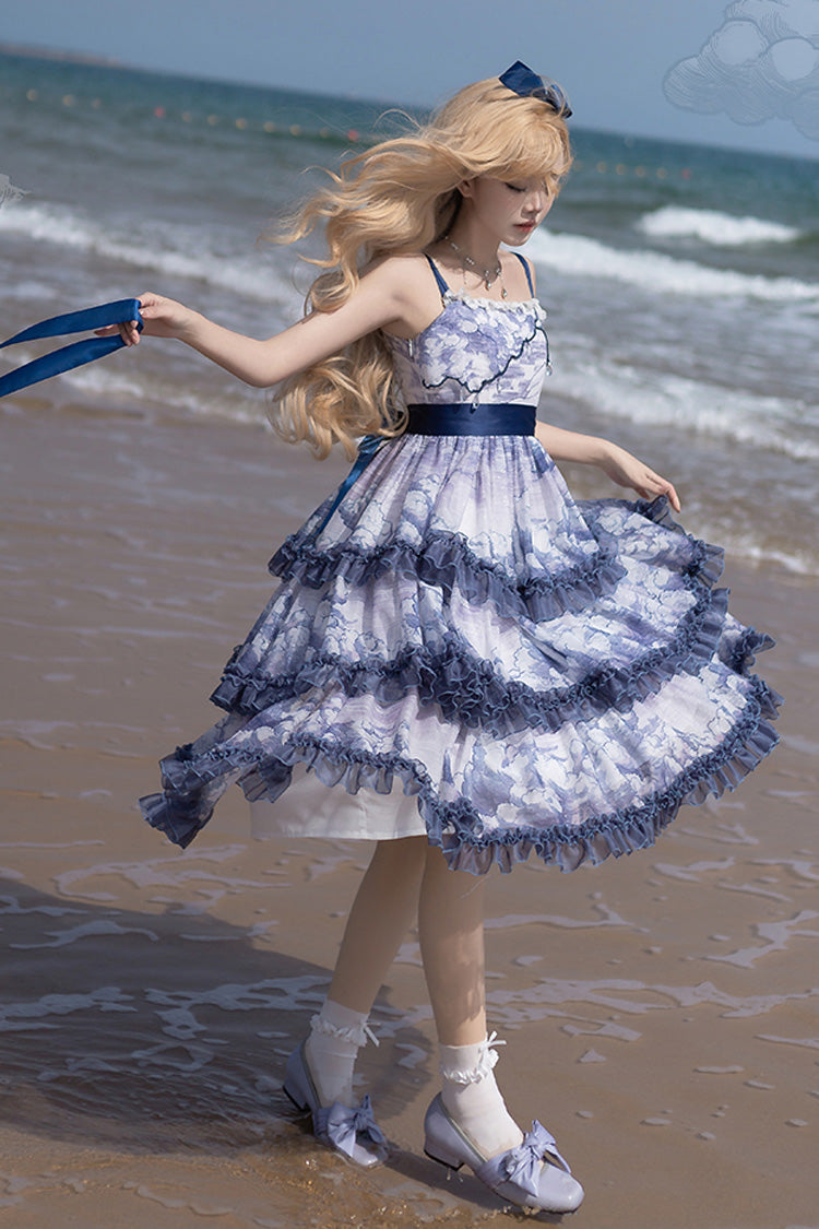 Multihued Layered Cloud Print Ribboned Lolita Jumper