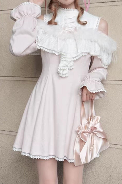 Pink Stand Collar Off-Shoulder Long Sleeve Lace Sweet Japanese Elegant Lolita Gown - Little Love Song