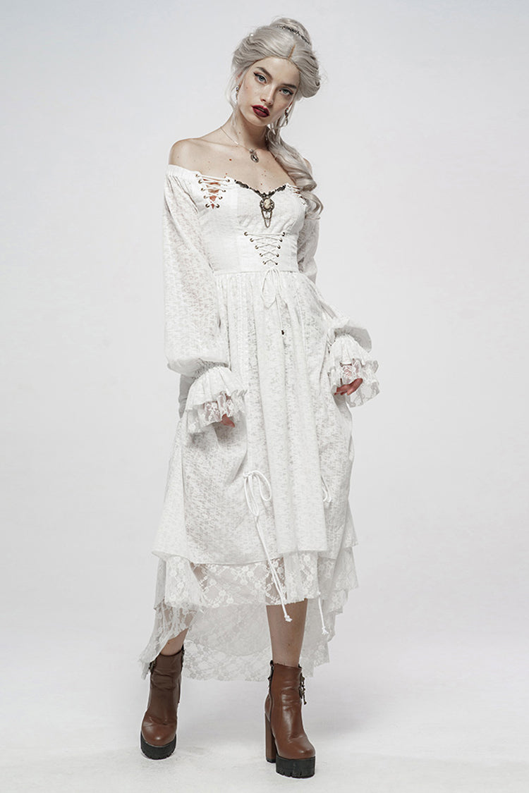 Ivory Off-Shoulder Puff Sleeve Mesh Gothic Gown
