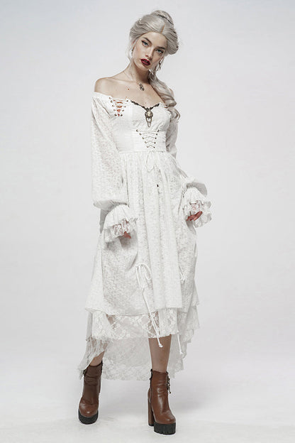 Ivory Off-Shoulder Puff Sleeve Mesh Gothic Gown