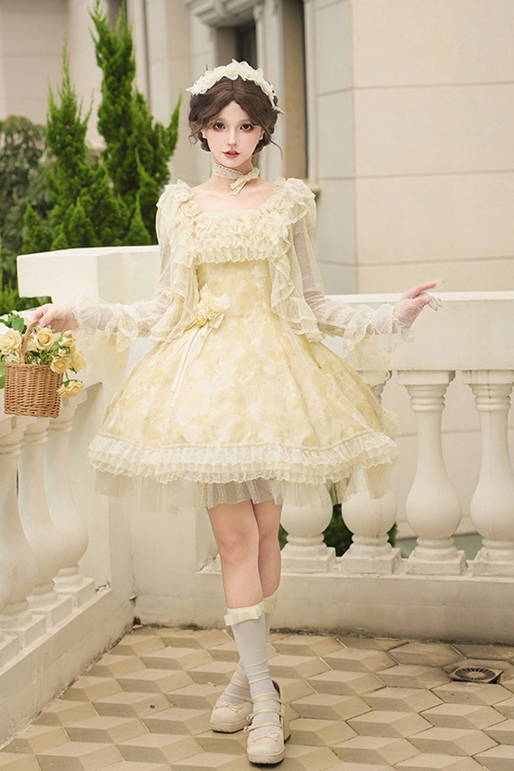 Golden Square-Collar Flutter-Sleeve Ruffled Lace Short Dress