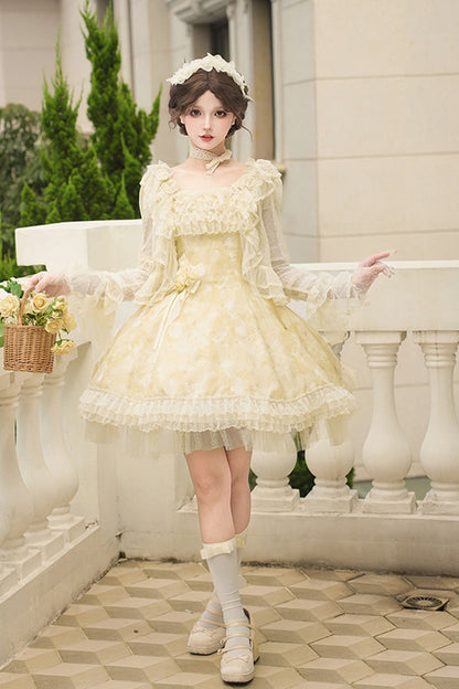 Golden Square-Collar Flutter-Sleeve Ruffled Lace Short Dress