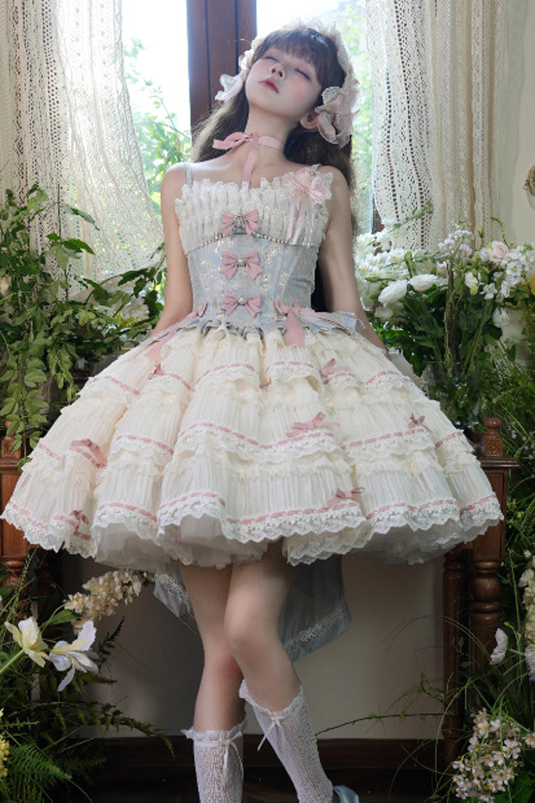 Blue Apricot Sea Salt Souffle Sleeveless Multi-Layer Bow Lace Sweet Ballet JSK Dress