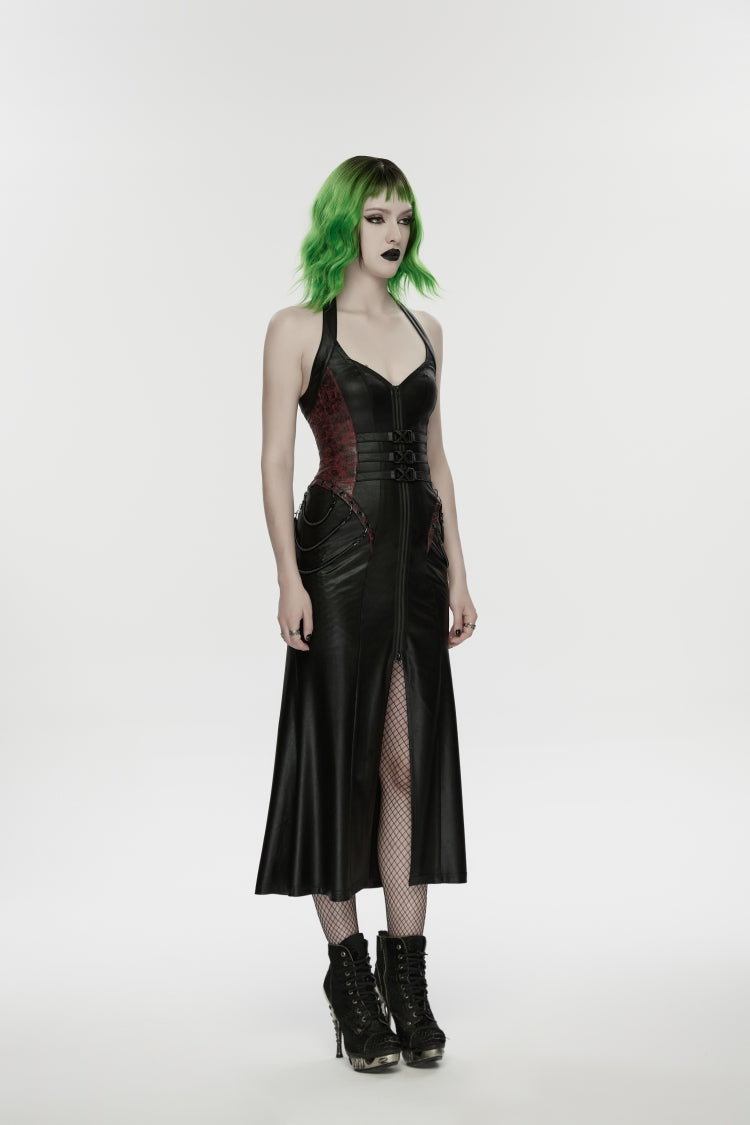 Halterneck Sleeveless Lace-Up Slim Buckled Punk Dress