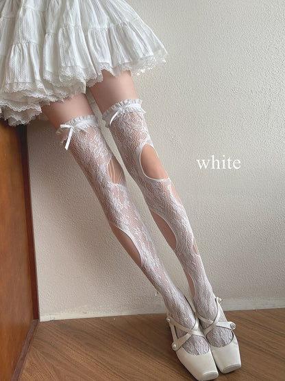 White/Gray/Black Gothic Asymmetrical Design Cut-out Details Overknee Stockings