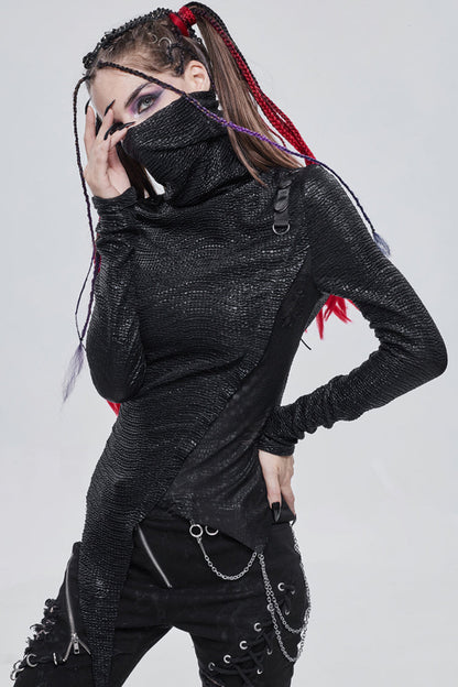 Dark High Neck Compressed Stretch Pleated Hem Blouse