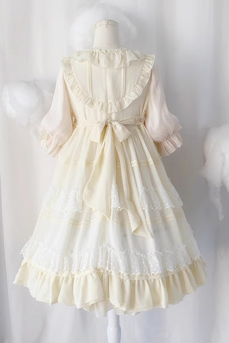 Beige Lace Angel Short-Sleeved Bow-Trim Ruffled Sweet Lolita Dress