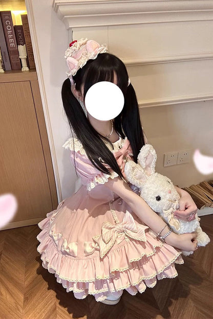 Rose Striped Layered Short Sleeves Multi Ruffle Bow Sweet Princess Lolita Tiered Dress