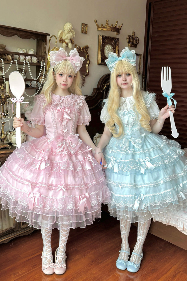 Pink Multi-Tier Ruffle Bridal Bow Lace Sweet Lolita Jumper - Lotus Butterfly Heart
