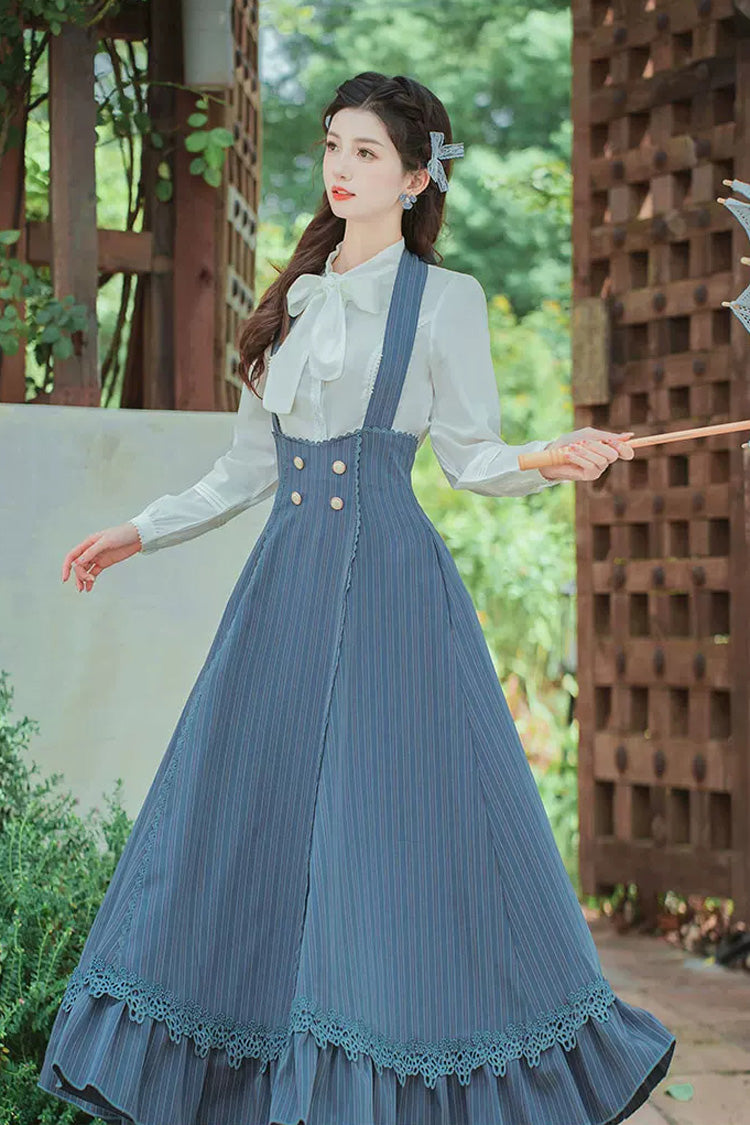 Blue Bustier Halter Long Sleeves Striped Print Bow Lace Sweet Lolita Two-Piece Set
