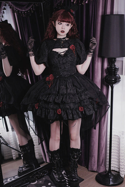 Weeping Rose Double-Layer Ruffle Embroidered Bow Lace Gothic Ballet Set