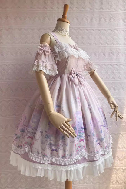 Sweetie Violet Unicorn Print Ruffle Jsk Dress - Secret Garden Lolita
