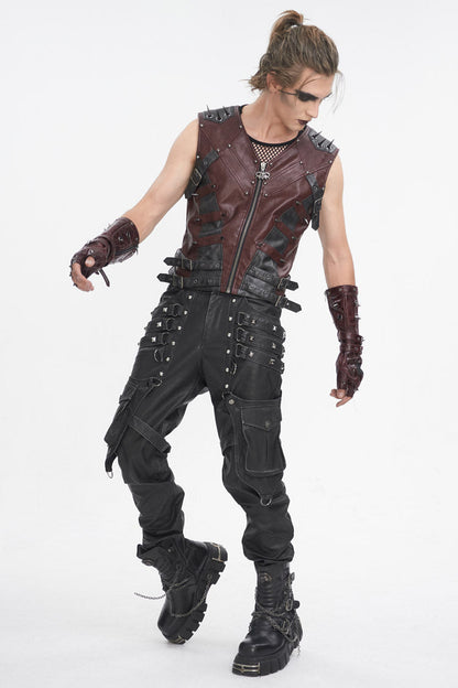Crimson Studded Faux Leather Men's Punk Vest