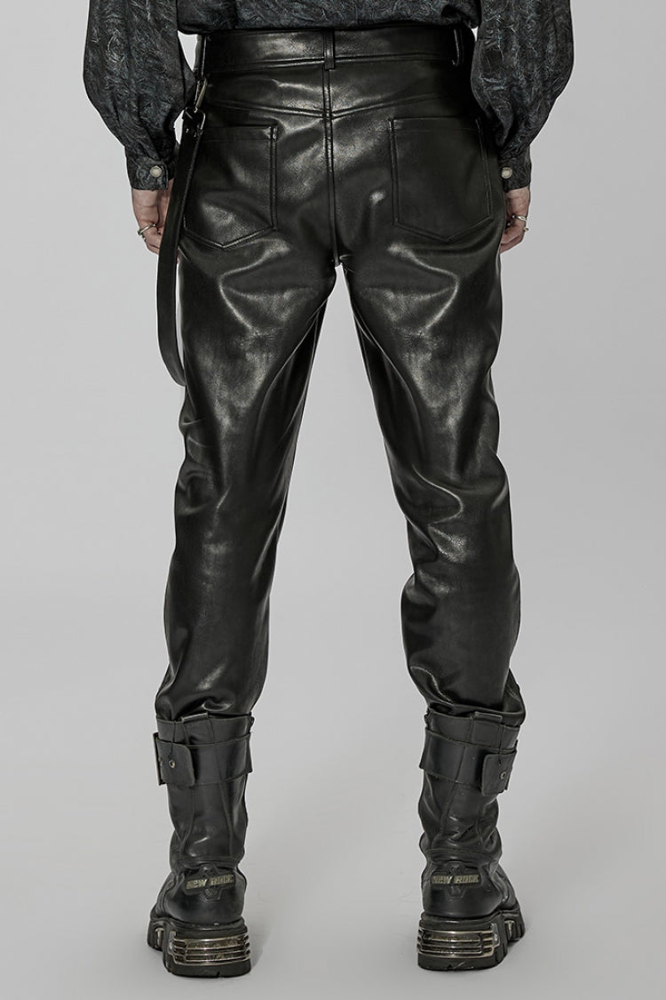 Men's Steampunk Pants with Detachable Metal Side Straps in Black Faux Leather
