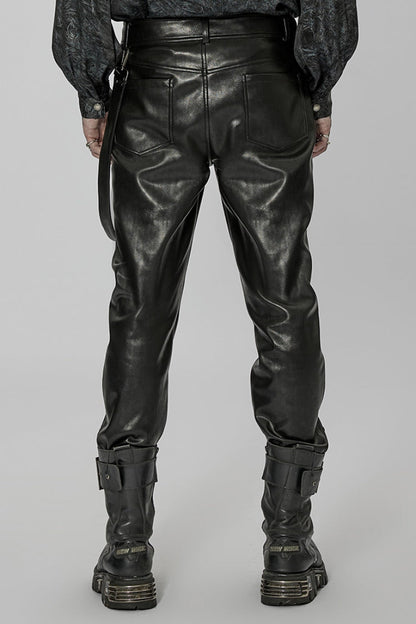 Men's Steampunk Pants with Detachable Metal Side Straps in Black Faux Leather