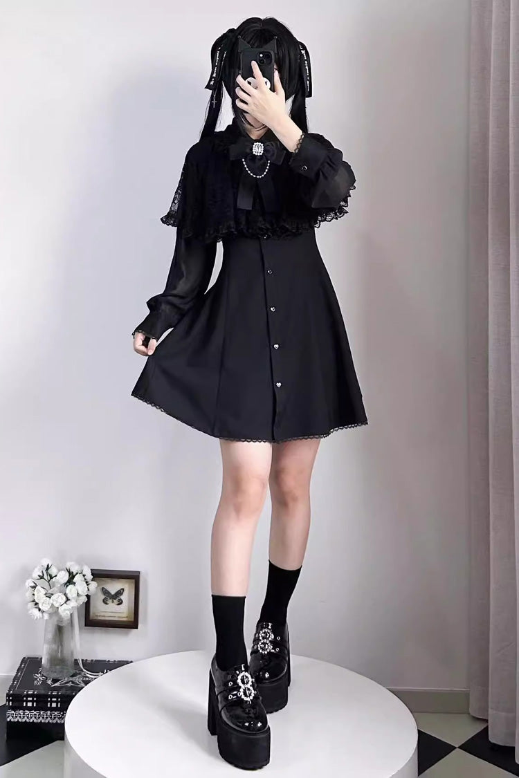 Black Shawl Lace Chiffon Slim Dress with Long Sleeves