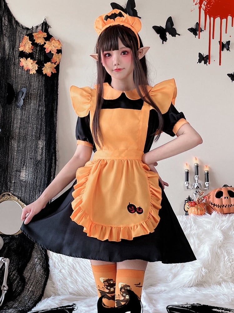 Halloween Black and Orange Pumpkin Maid Dress Costume