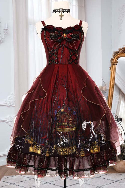 Red Chiffon Gothic Lolita JSK Dress with Forest Motif